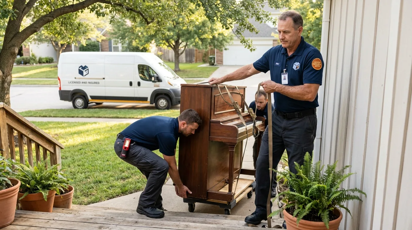 Licensed piano movers securing grand piano in Frisco, TX