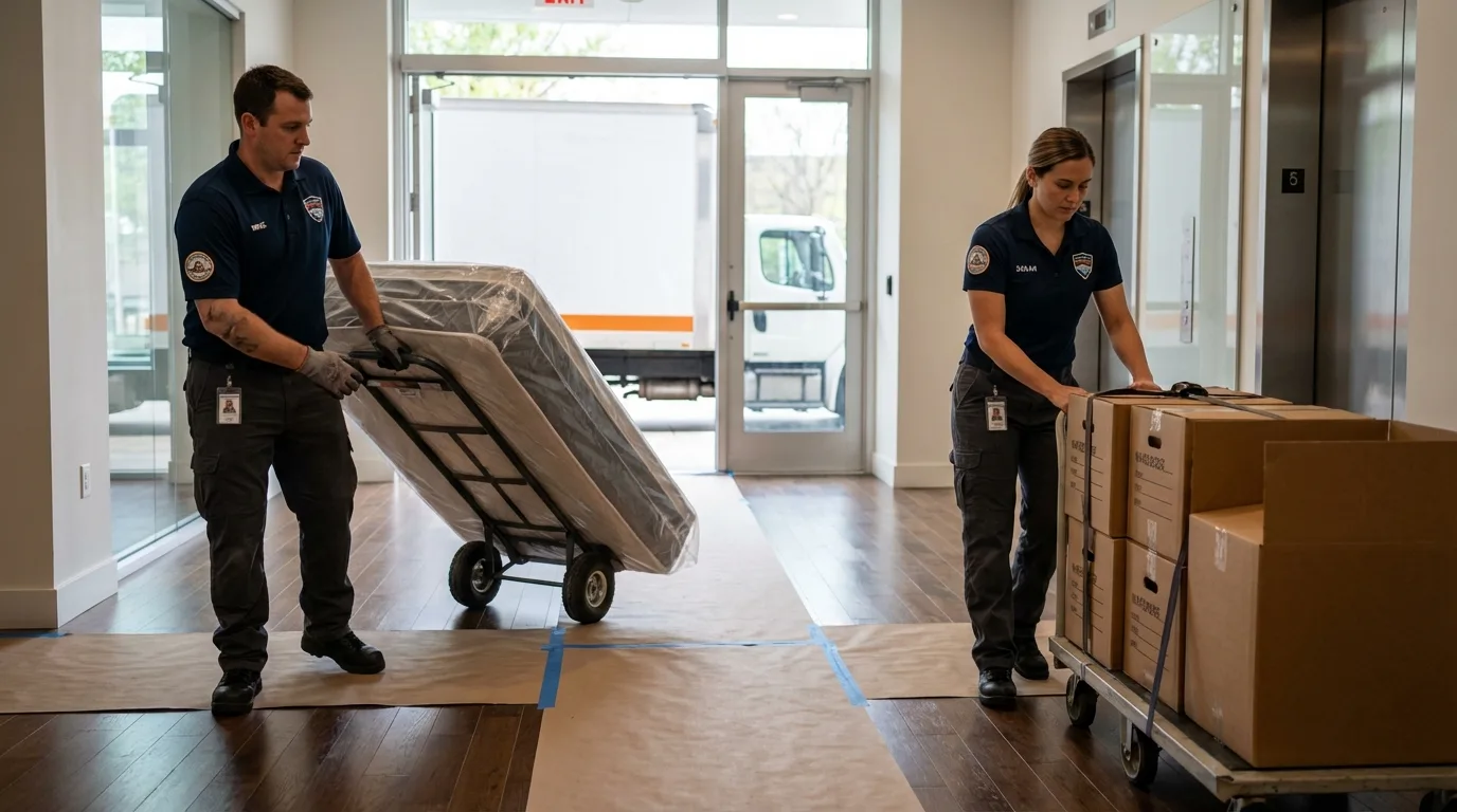 Professional apartment movers loading elevator in Frisco, TX